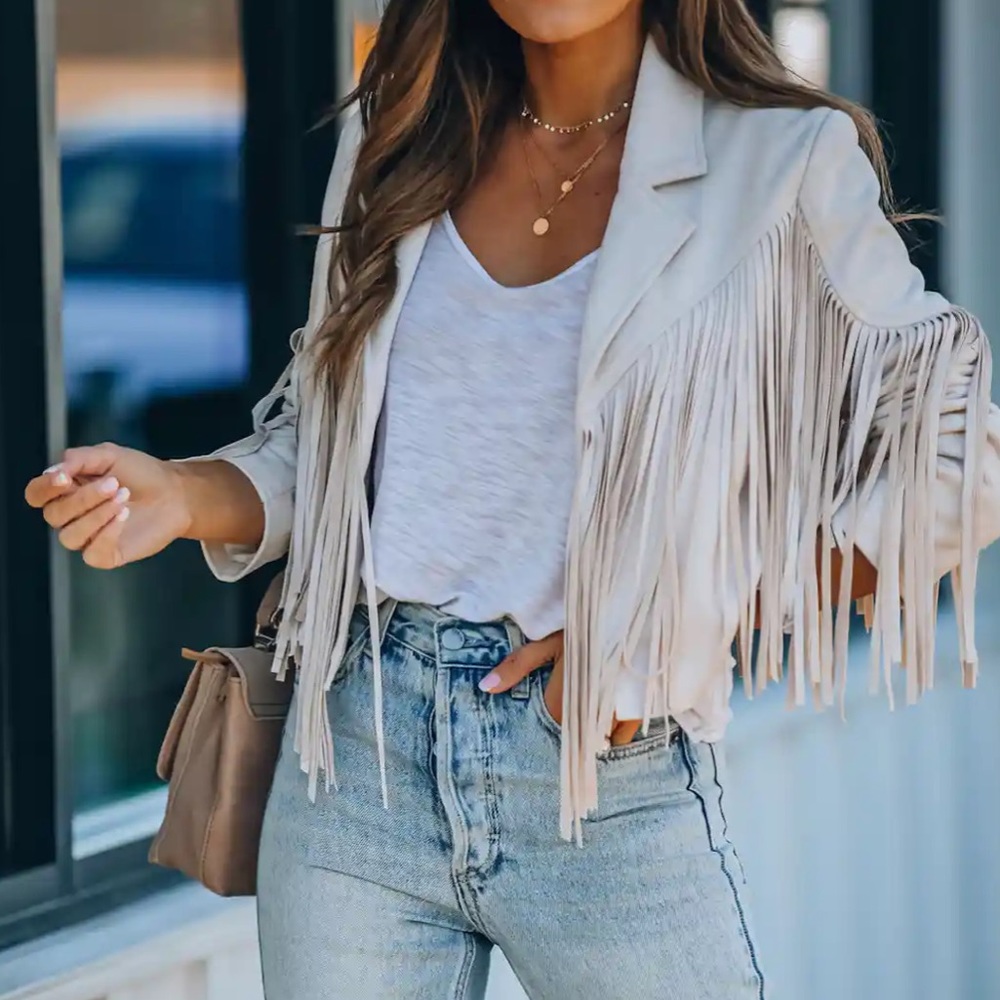 New Tassel fringe Faux suede women jacket zip front coat